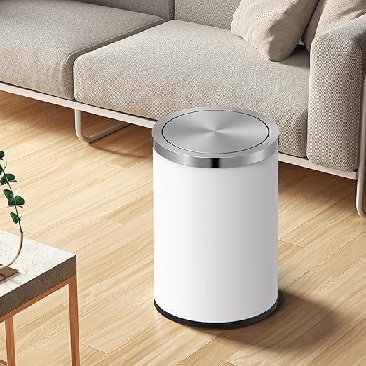 Mbillion Small Trash Can with Swing Lid 2.4 Gallons/9 Liter, Mini Trash Can with lid, Stainless Steel Cylindrical Garbage Can for Home and Office Bathroom Bedroom, for Ground and Desktop White