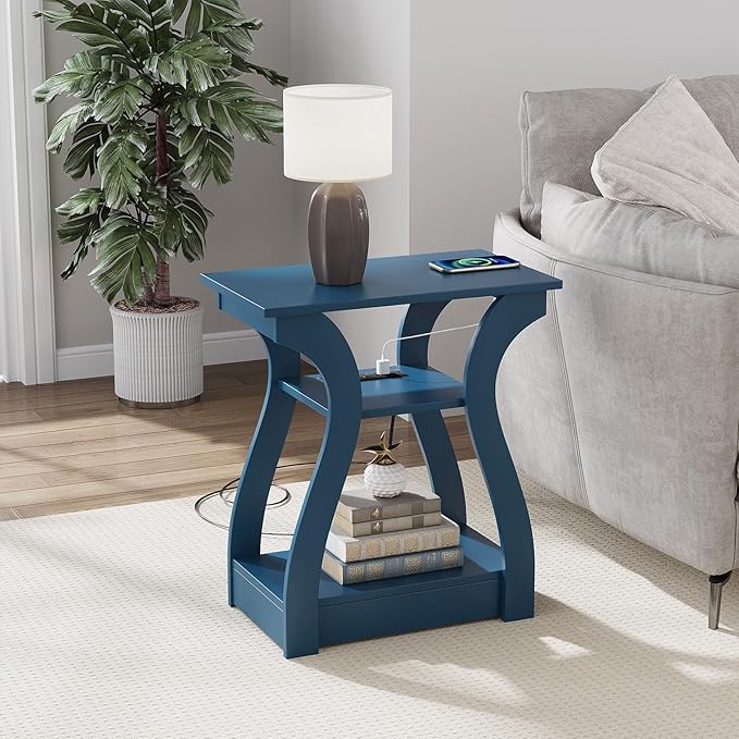 End Table with Charging Station, Side Table with USB Ports and Outlets, Nightstand, 3 Tier End Table with Storage Shelf for Living Room, Bedroom, Navy Blue, Set of 2
