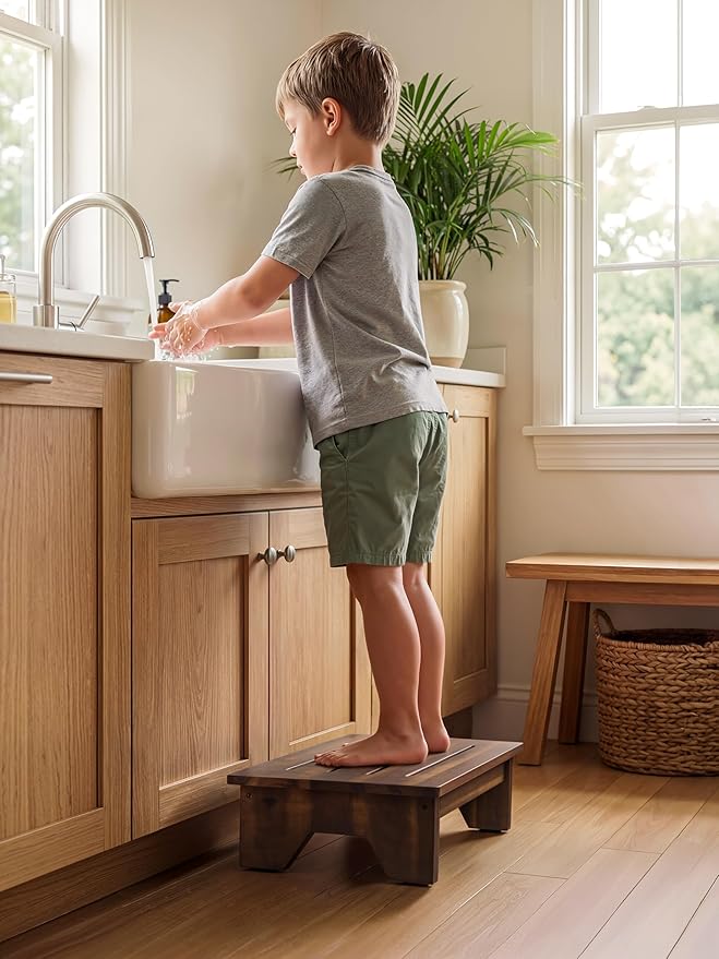 Holana Acacia Wood One Step Stool for Adults - 300 Lbs Wooden Step Stools Heavy Duty for High Bed Riser, Bathroom, Bedroom - Small Stepping Stool for Elderly, Seniors, Kids (Walnut, 6in H)