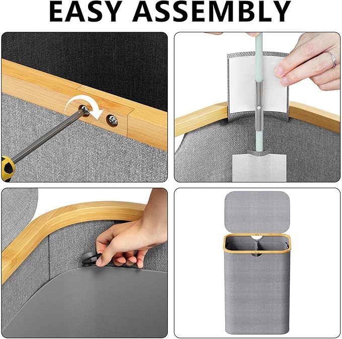 SpaceAid Double Laundry Hamper 2 Section with Lid and Removable Laundry Bags, 160L Clothes Basket with Bamboo Handles, Large Collapsible Hamper for Bedroom, Bathroom, Dorm, Laundry Room - Grey