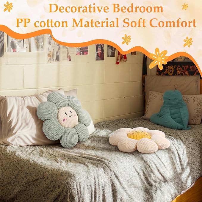 Novabright 2 Pcs Smile Flower Throw Pillows 15" Blue Flower Throw Pillows Decorative Daisy Floor Seating Cushion Aesthetic Cute Seat Cushion for Bed Sofa Couch Home Living Room Bedroom Chair