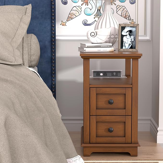HIFYOBRO 2 Drawers End Table with Flip Top Charging Station, Type-C & USB Port & Power outlets, Wooden Nightstand, Side Table with Storage for Living Room and Bedroom