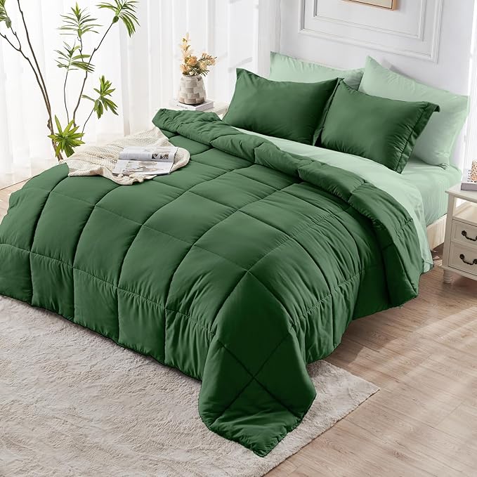 JOLLYVOGUE King Comforter Set, Ultra-Soft Bed in a Bag King Size 7 Pieces, Oeko-TEX Certified Bedding Set with Down Alternative Comforter, Sheets, Pillowcases & Shams, Dark Green & Light Green
