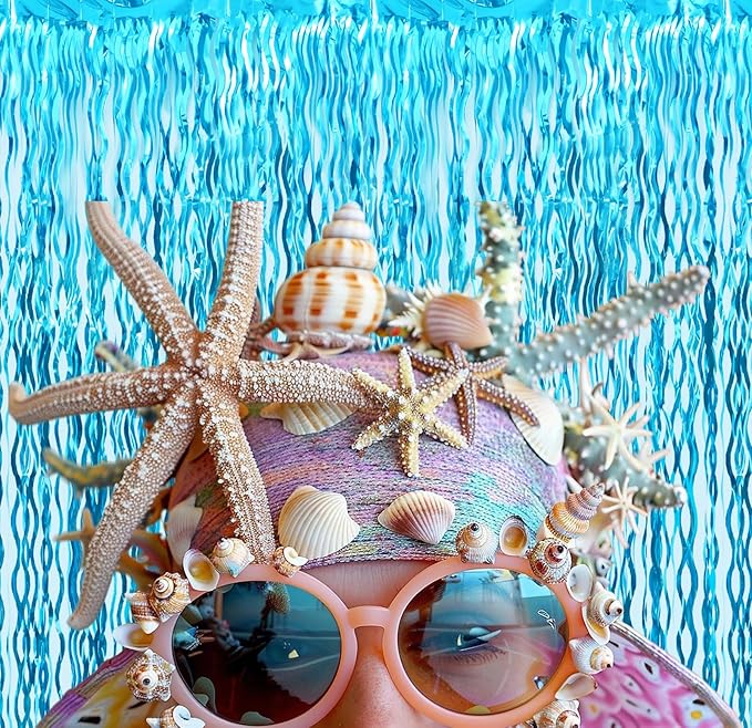 GOER 3.2 ft x 6.5 ft Metallic Tinsel Foil Fringe Curtains Party Photo Backdrop Party Streamers for Birthday,Graduation,New Year Eve Decorations Wedding Decor (1 Pack,Wavy Light Blue)