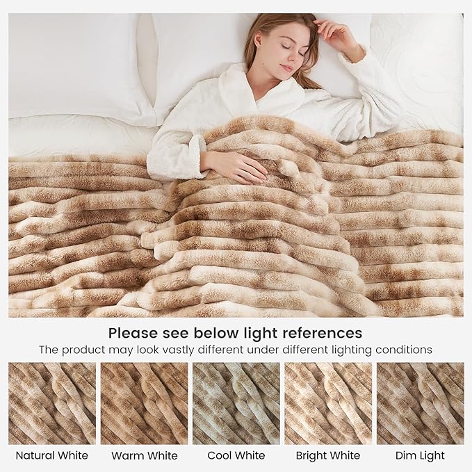 Cozy Bliss Faux Fur Throw Blanket for Couch, Cozy Warm Plush Striped Blanket for Sofa Bedroom Living Room, 108 * 90 Inches Tie-dye Khaki