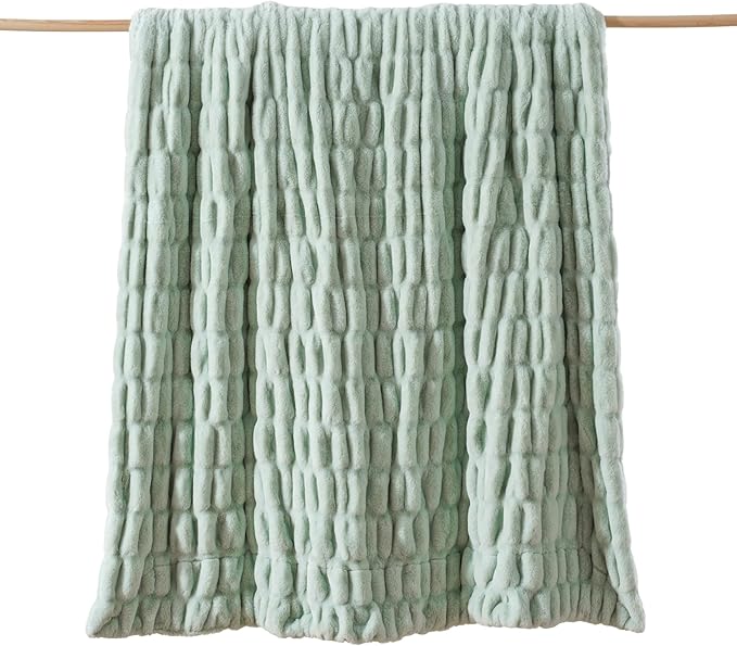 BATTILO HOME Faux Fur Throw Blanket for Couch, Super Soft Cozy Blanket, Double Side Ruched Rabbit Fur Blanket for Bed, Living Room, 60"x80", Sage Green