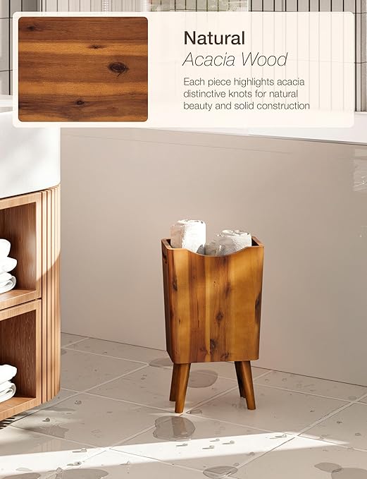 2 Gallons Wooden Trash Can 4 Legs - Acacia Wooden Bin, Wood Bathroom Accessories - Small Bin, Waste Basket for Bedroom, Office Garbage Can - Decorative Bathroom Trash Can - Patent Pending