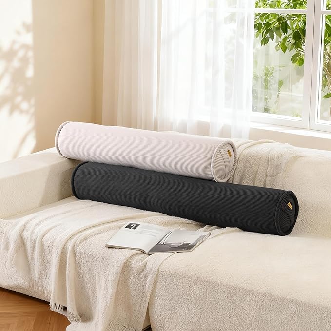 Long Round Body Pillow for Adults – Corduroy Cervical Roll Bolster Pillow, Firm Support for Spine Alignment & Side Sleeping,39 x 7.87 Inches,Lamp Black