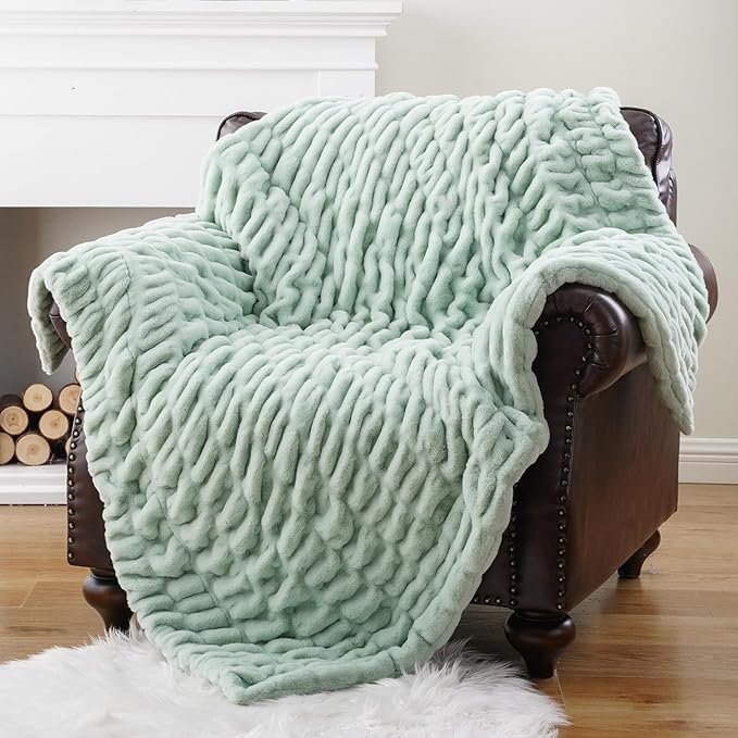 BATTILO HOME Luxury Faux Fur Throw Blanket for Couch, Super Soft Warm Cozy Plush Mink Blanket, Double Side Ruched Rabbit Fur Blanket for Bed, Sofa, Chair, 50"x60", Sage Green
