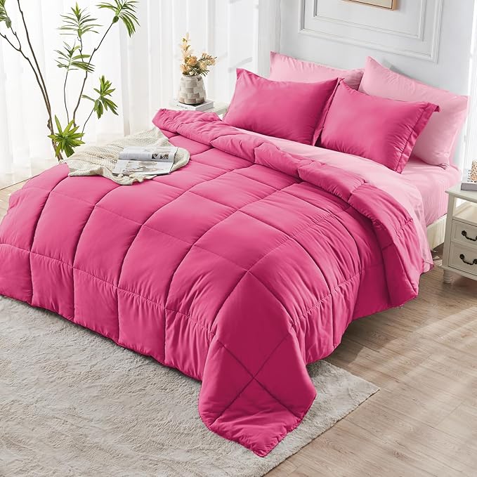 JOLLYVOGUE California King Comforter Set, Ultra-Soft Bed in a Bag 7 Pieces, Oeko-TEX Certified Bedding Set with Down Alternative Comforter, Sheets, Pillowcases & Shams, Hot Pink & Baby Pink