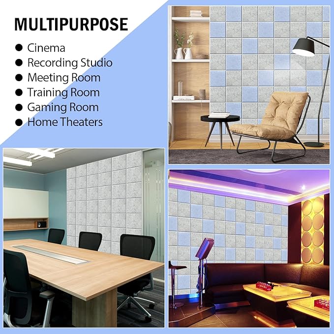 Self-Adhesive Acoustic Panels, 12 Pcs 12" X 12" X 0.4" Square Sound Absorbing Panels, High Density Acoustical Wall Padding(Light Sky Blue)