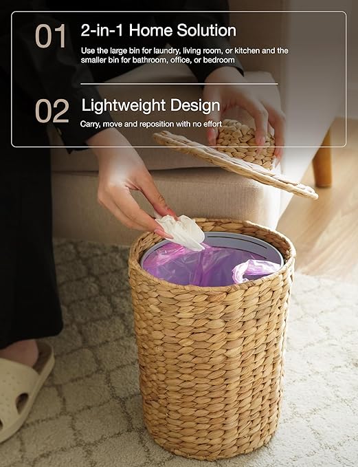 Set of 2 Wicker Trash Can with Lid - Water Hyacinth Wicker Waste Basket for Bathroom - Bathroom Garbage Can with a Lid - 2 Gallon & 4 Gallon Decorative Rattan Trash Can with Removable Liner