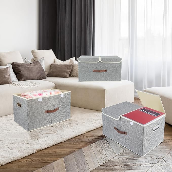TYEERS Extra Large Collapsible Storage Bins with Lids and Compartments, Washable, Fabric Storage Boxes, 21.7x13x11.8 inches, 1 Pack, Gray