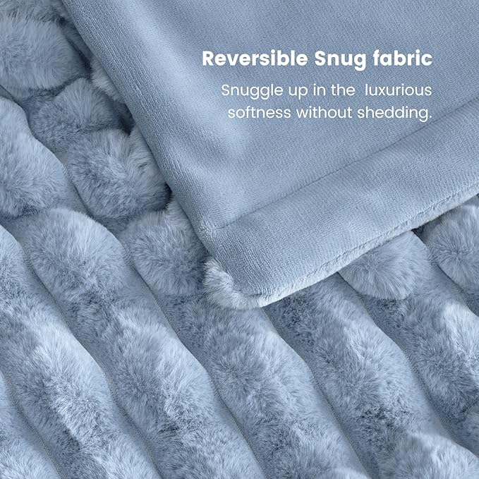 Cozy Bliss Faux Fur Throw Blanket for Couch, Cozy Warm Plush Striped Blanket for Sofa Bedroom Living Room, 108 * 90 Inches Light Blue