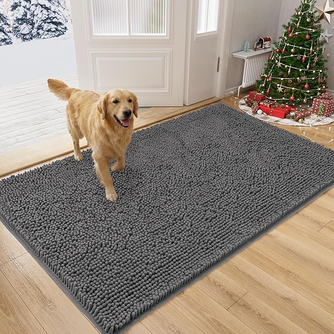 Amyracel Dirt Trapping Door Mat, 36" x 60" Large Absorbent Dog Door Mat for Muddy Paws, Quick Dry Non Slip Chenille Mud Mat for Dogs, Machine Washable Entry Indoor Entryway Rug for Inside Floor