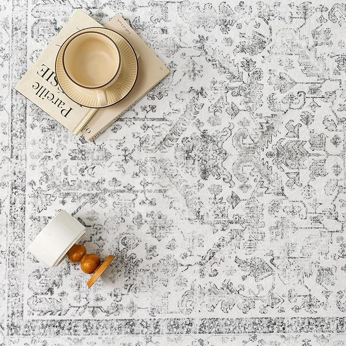 Grey 2x6 Runner Rug Vintage Area Carpet Hallway Indoor Kitchen Washable Low Pile Traditional Distressed Retro Accent Throw Rug Non Slip for Laundry Bathroom Office