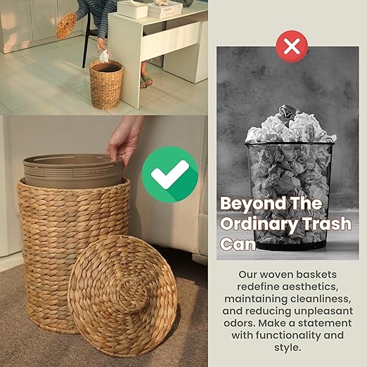 4 Gallons Wicker Waste Basket - Water Hyacinth Bathroom Garbage Can with a Lid - Bathroom Trash Can Boho Style - Wicker Trash Can with Lid for Household, Kitchen - Removable Liner, Iron Frame