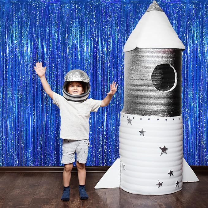 GOER 3.2 ft x 8.2 ft Metallic Tinsel Foil Fringe Curtains Party Photo Backdrop Party Streamers for Birthday,Graduation,New Year Eve Decorations Wedding Decor(1 Pack,Shiny Blue)