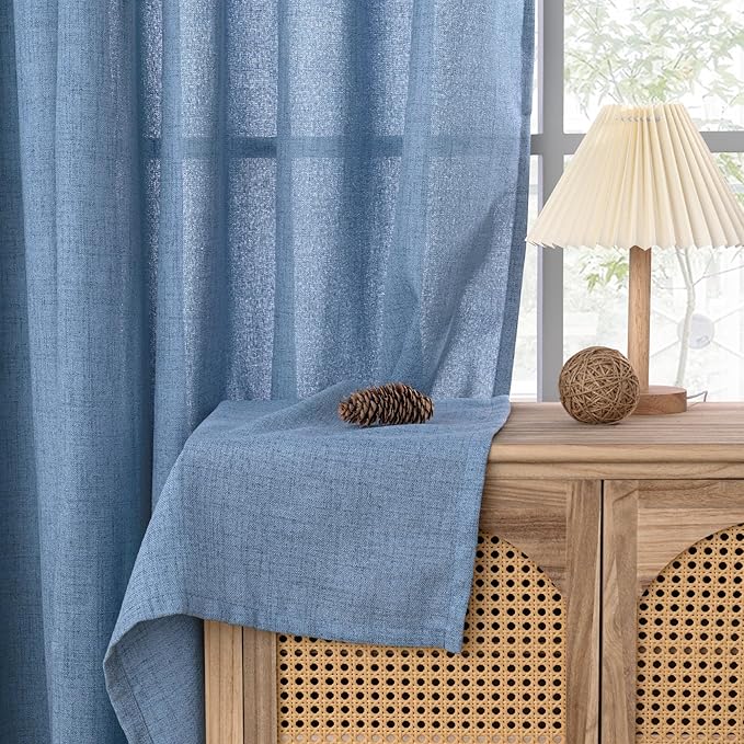YoungsTex Blue Short Linen Curtains 45 Inches Length, Bronze Grommet Light Filtering Drapes for Bedroom Small Window Kitchen Privacy Decorative, 42 x 45 Inch, 2 Panels