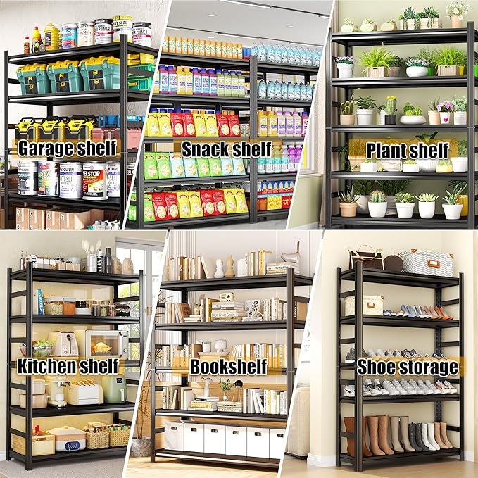 Storage Shelves, Garage Metal Shelving Unit, Adjustable, Double-Layer Column with Reinforced Ribs, Heavy-Duty, Capable of Bearing 600-3600 lbs (Black, 63 * 45 * 18, 5-Tier)