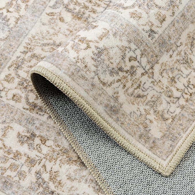 Light Brown Area Rug 3x5 Office Entryway Rug Machine Washable Kitchen Vintage Distressed Non Slip Carpet Indoor Retro Floral Accent Throw Door Mat for Bathroom Bedroom Dining Living Room