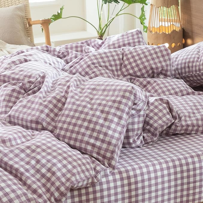 MooMee Gingham Duvet Cover Set 100% Washed Cotton Linen Like Textured Breathable Durable Soft Comfy Modern Checkered Design (Classic Gingham Light Purple, Cal King 104"x98")