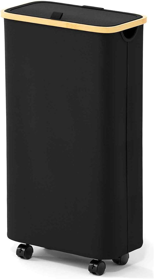 SpaceAid Slim Laundry Hamper with Wheels and Lid,62L Rolling Narrow Clothes Basket with Bamboo Handle, Large Laundry Hamper for Bedroom, Bathroom, Dorm, Laundry Room - Black