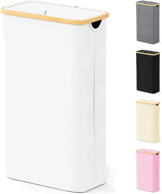 SpaceAid Slim Laundry Hamper with Lid, 65L Narrow Clothes Basket Bin with Bamboo Handles, Skinny Tall Collapsible Hamper for Bedroom, Bathroom, Dorm, Laundry Room - White