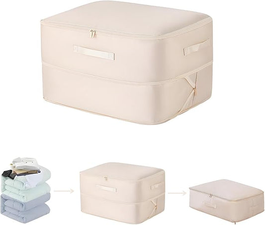 Ultra Space Saving Self Compression Organizer, 2025 New Large Capacity Storage Bag, Thick Satin Fabric Heavy Duty Bags for Comforters Blankets Bedding Duvet (Beige, Large, 21x17x12in)