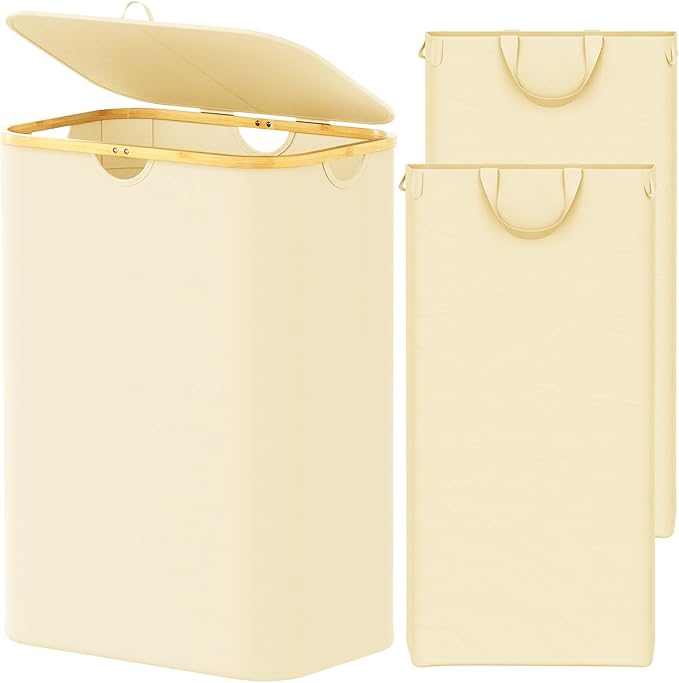 SpaceAid Double Laundry Hamper 2 Section with Lid and Removable Laundry Bags, 160L Clothes Basket with Bamboo Handles, Large Collapsible Hamper for Bedroom, Bathroom, Dorm, Laundry Room - Beige