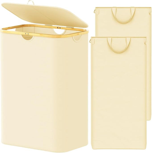 SpaceAid Double Laundry Hamper 2 Section with Lid and Removable Laundry Bags, 160L Clothes Basket with Bamboo Handles, Large Collapsible Hamper for Bedroom, Bathroom, Dorm, Laundry Room - Beige