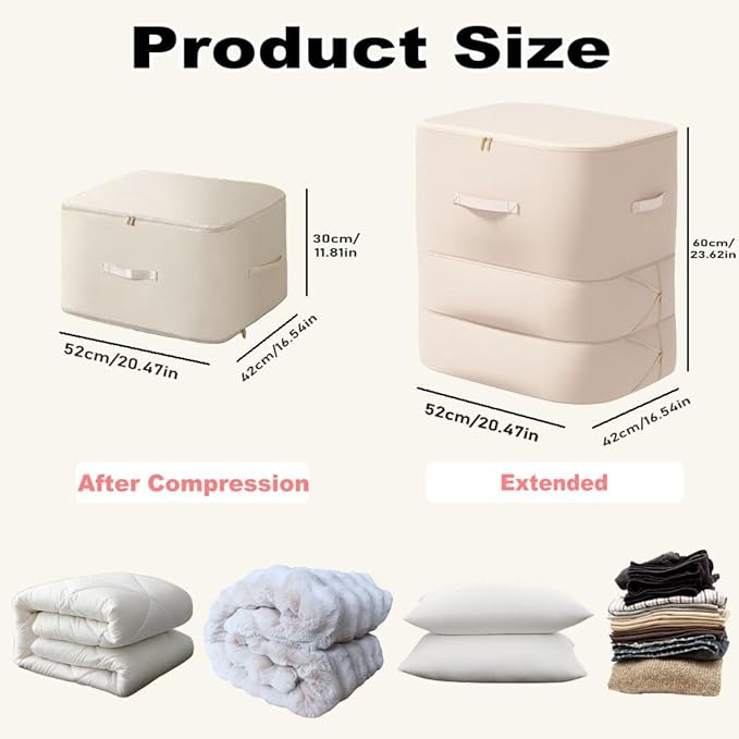 Ultra Space Saving Self Compression Organizer, 2025 New 3-Layer Zipper Large Capacity Storage Bag, Thick Satin Fabric Heavy Duty Bags for Comforters Blankets Bedding Duvet (Beige, X-Large, 21x17x24in)