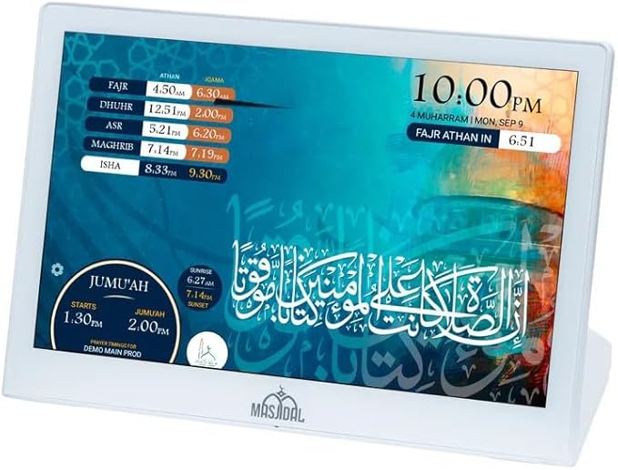 Masjidal 10" Digital Azan Clock with WiFi, Dynamic Touch Screen, Worldwide Prayer Times, Full Quran Player, Islamic Art, Streaming Halal Muslim Content: Duas, Dhikr, Surah of The Day, White (L-Shaped)