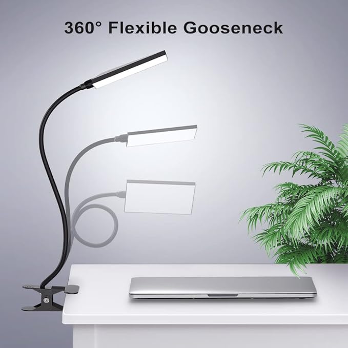 LED Desk Lamp with Clamp for Home Office, Dimmable Clip on Desk Light with USB Port, 3 Color Modes 11 Brightness Flexible Reading Lamp for Studying Working, Black