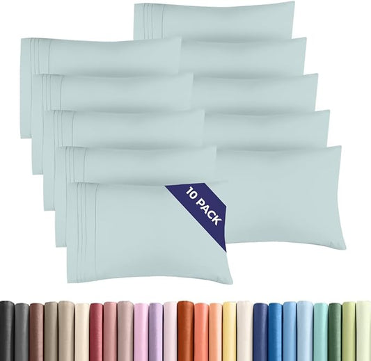 Queen Pillow Cases Set of 10 - Ultra Soft Hotel Quality Pillowcase Covers - Comfy, Cozy & Wrinkle Free - Shrink, Stain and Fade Resistant - Machine Washable Pillow Protectors - 10 Piece Set - Ice Blue