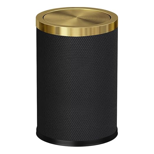 2.4 Gallon Bathroom Trash Can with Lid, Pu Leather Modern Garbage Can, Round Decorative Waste Basket, for Near Desk, Powder, Bedroom, Hotel, Office, Home (9L-Checked Black)