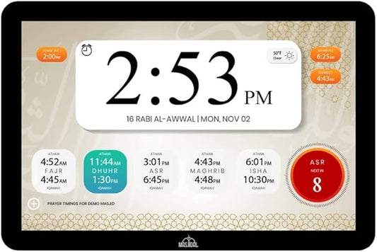 Masjidal 8" Digital Azan Clock with WiFi, Dynamic Touch Screen, Worldwide Prayer Times, Full Quran Player, Islamic Art, Streaming Halal Muslim Content: Duas, Dhikr, Hadith, Verse of The Day, Black