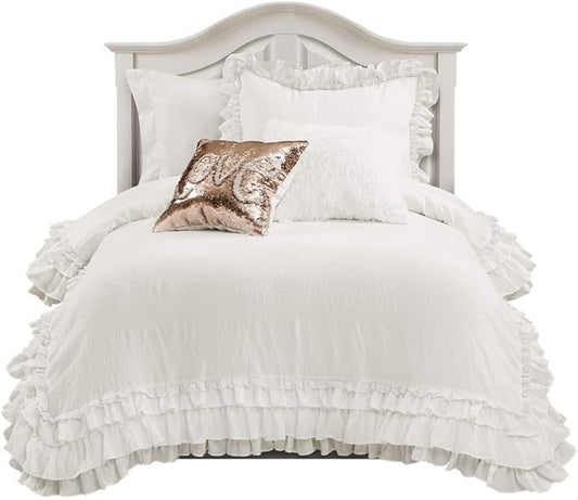 Lush Decor Ella Ruffle Lace Comforter, 2 Piece Set, Twin, Ivory - Cute Comforter - Twin Bedding Set - White Bedding - Coquette Decor - White Lace Trim - Ruffle Trim