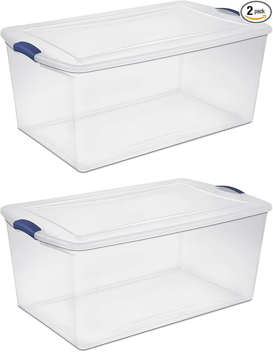 2-Pack 105 Quart Heavy Duty Plastic Storage Bins - Stackable Clear Containers with Lids & Blue Latches, Extra-Large Capacity for Bedding, Clothing, Holiday Decor, Garage & Closet Organization