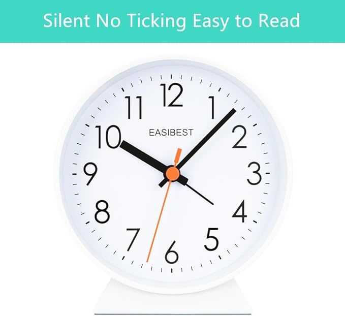 No Ticking Silent Alarm Clock,Easy to Read and Use,Ascending Sound,1 AA Battery Operated,Snooze Light,Bedside Desk Clock,White
