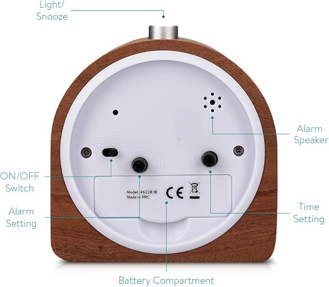 Navaris Wood Analog Alarm Clock - Half-Round Gold Face Battery-Operated Non-Ticking Clock with Snooze Button and Light - Dark Brown