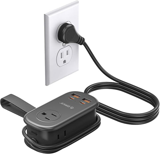 ORICO 65W GaN Travel Power Strip with 7-in-1 Charging Ports (3 AC Outlets/2 USB-A/2 USB-C), Flat Plug and 4FT Extension Cord, Fast Charger for MacBook Pro/Air, iPad Pro, iPhone 17/16/15 -AP3