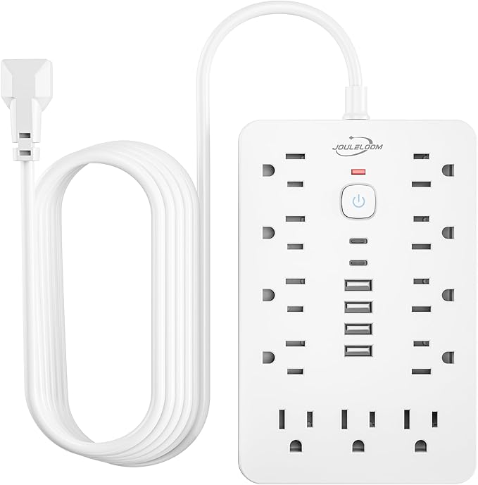 10 FT Flat Plug Surge Protector Power Strip,11 Multiple AC Outlets with 6 USB Ports (2 USB C), 6 Feet Extension Cord, 1250W/10A, One Touch Switch Button, White