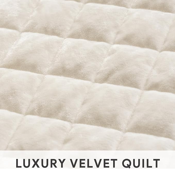 RECYCO Luxury Velvet Quilt Set, California King 118'' x 106'' Oversized Bedspread, Ultra Soft Velvet Comforter, Lightweight Box Stitch Bedding Sets for All Season, with 2 Shams, Ivory White