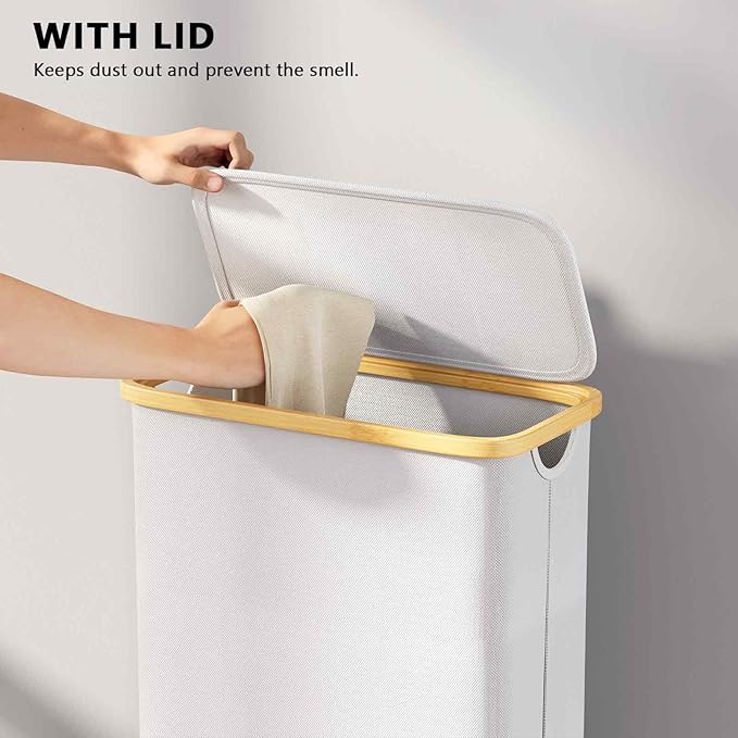 SpaceAid Slim Laundry Hamper with Lid, 65L Narrow Clothes Basket Bin with Bamboo Handles, Skinny Tall Collapsible Hamper for Bedroom, Bathroom, Dorm, Laundry Room - White