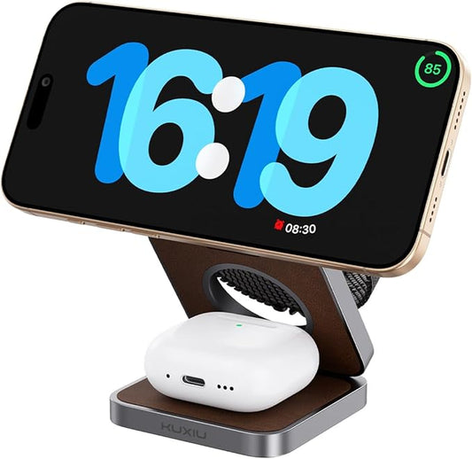Foldable Magnetic Wireless Charger, KU XIU Aluminum Alloy 3 in 1 Charging Station for Apple, Fast Charging Travel Charger for iPhone 17 16 15 14 13, 5W for Apple Watch Ultra, AirPods, Leather Texture