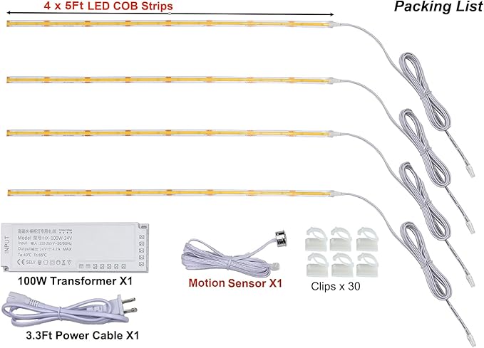 Under Cabinet Lights Kit, Ultra Thin COB LED Cabinet Strips, Bright Under Counter Lights for Kitchen, Cabinet, Counter, Workbench, Desk (Neutral White 4000K, 4 * 5Ft)