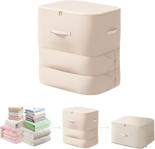 Ultra Space Saving Self Compression Organizer, 2025 New 3-Layer Zipper Large Capacity Storage Bag, Thick Satin Fabric Heavy Duty Bags for Comforters Blankets Bedding Duvet (Beige, X-Large, 21x17x24in)