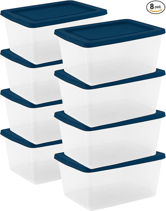 Sterilite 8 Pack Storage Boxes, Clear Plastic Stackable Containers, Lightweight Home Organizers with Snap Lids, 58 Quart, Marine Blue
