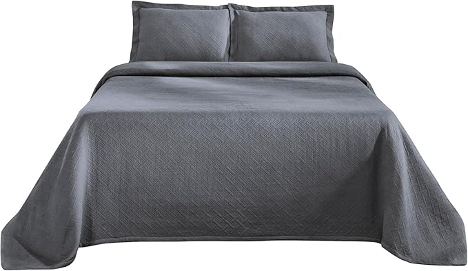 Superior 3 Piece Basketweave Cotton Bedspread Set, Home Bed Decor, Decorative Bed Spread, 2 Pillow Shams, Medium Weight Blanket, Matelasse Coverlet Bedding, Geometric Lattice Pattern, Full, Grey